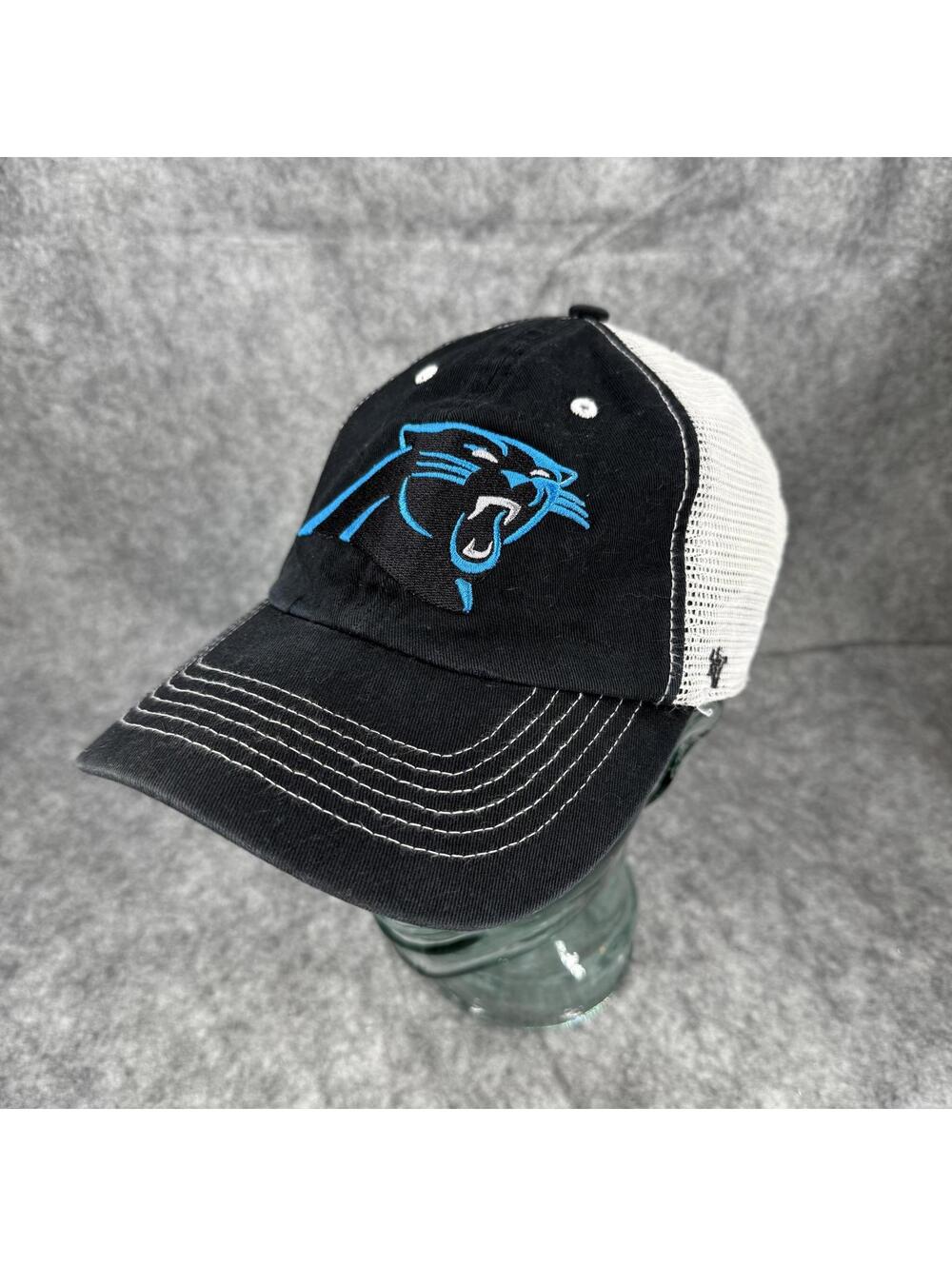 ‘47 Brand Carolina Panthers Stretch Cap Hat Black White Mesh Embroidered 601